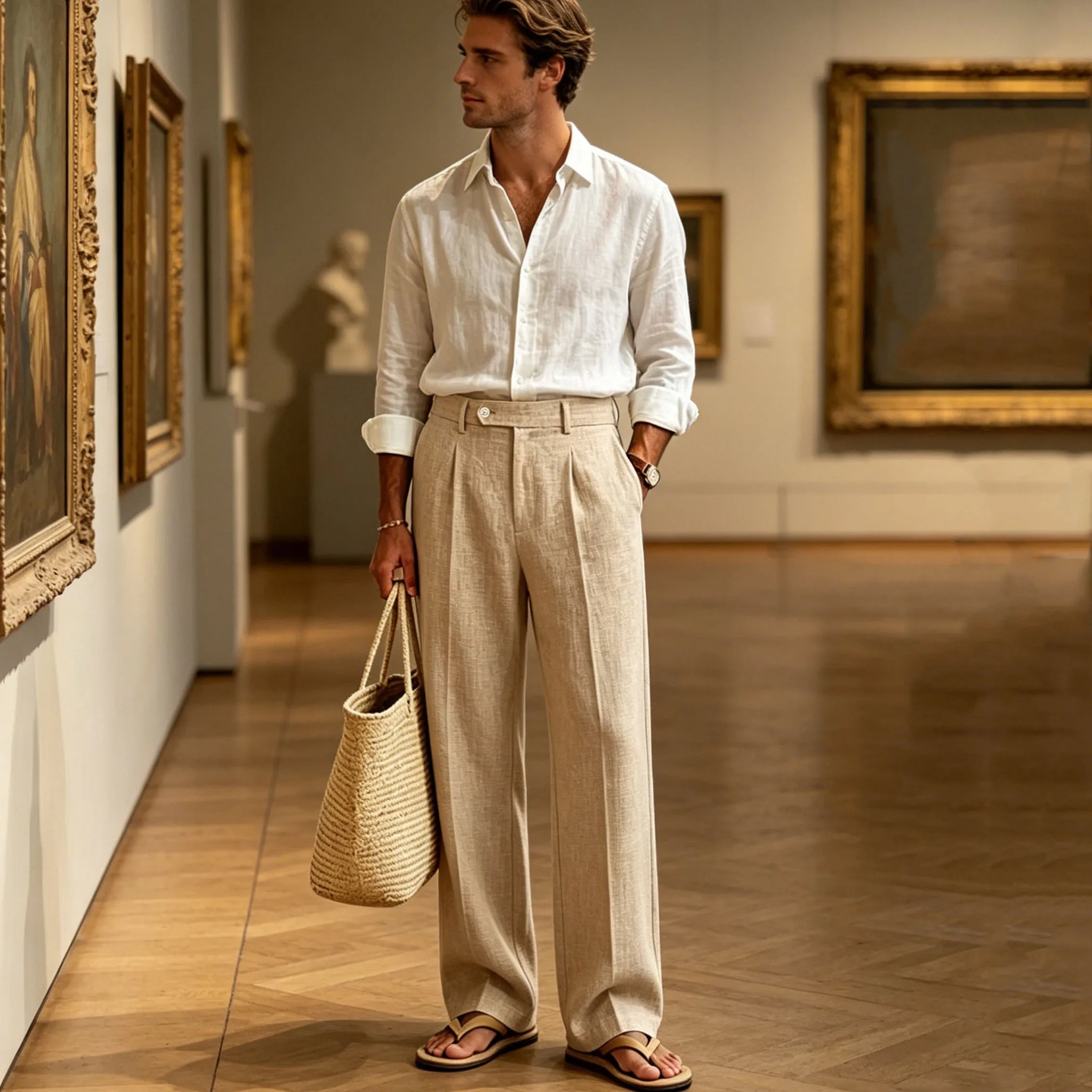 Linen Beige Straight Leg Pants