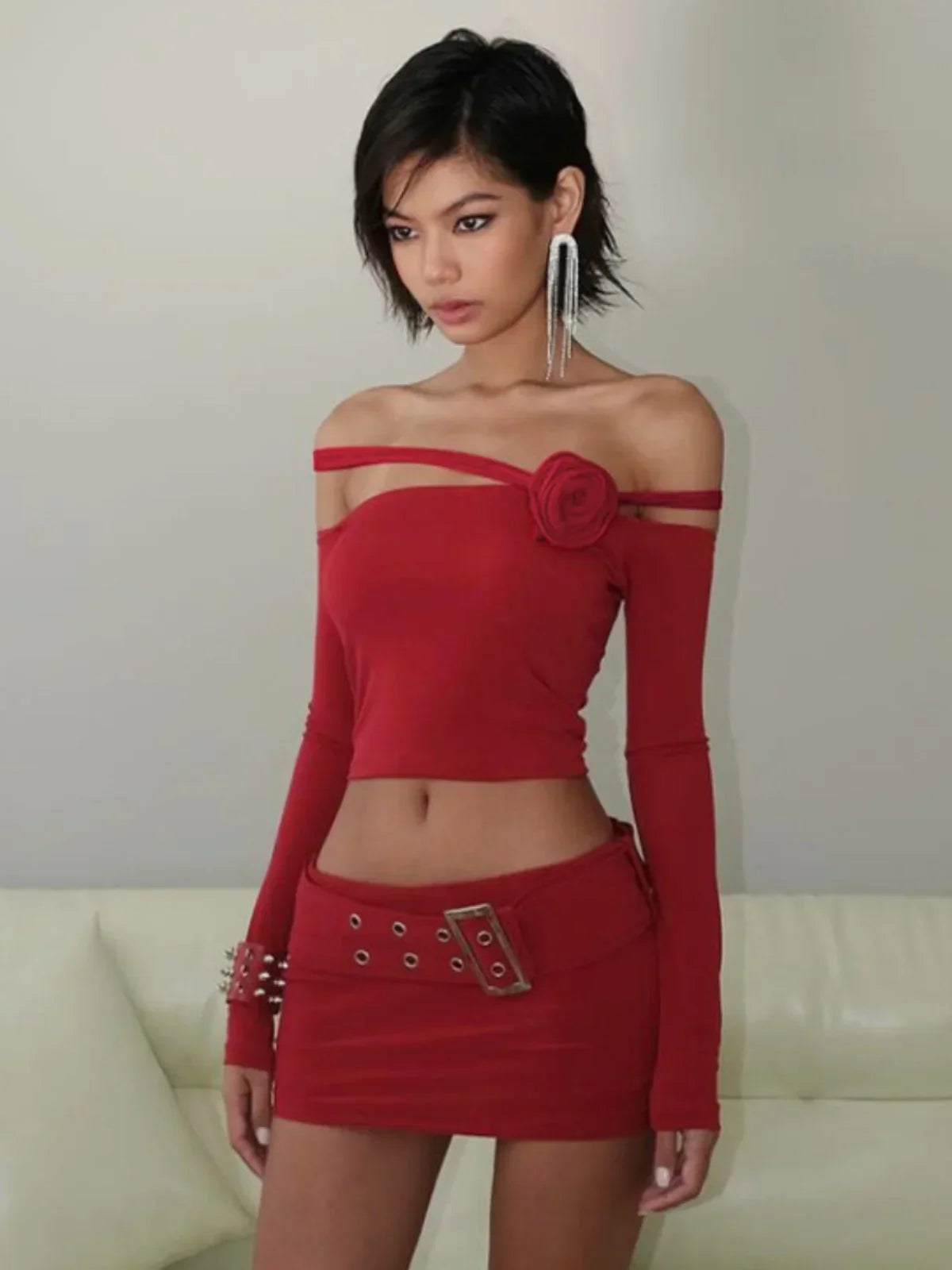 Baddie Rose One Shoulder Mesh Set