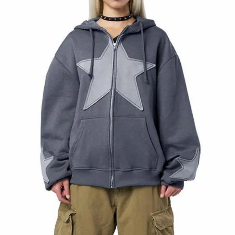 Star Patchwork Zip-Up Graphic Hoodie Shirt