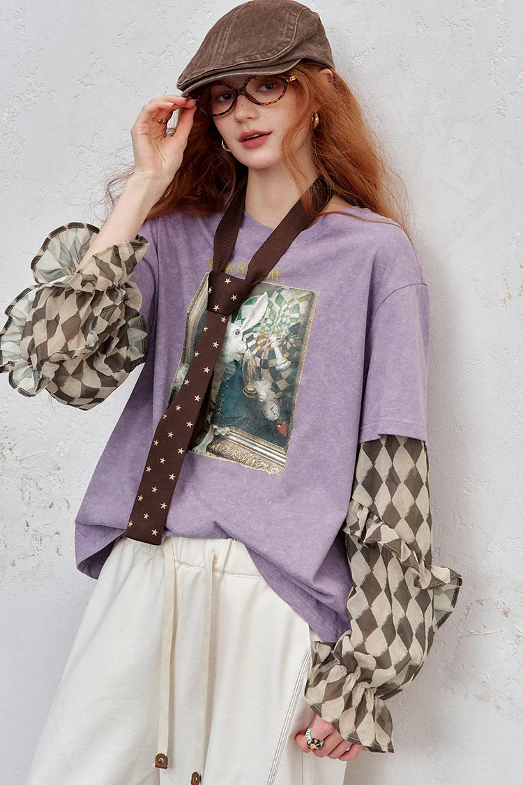 Round Neck Checkered Sleeves T-shirt