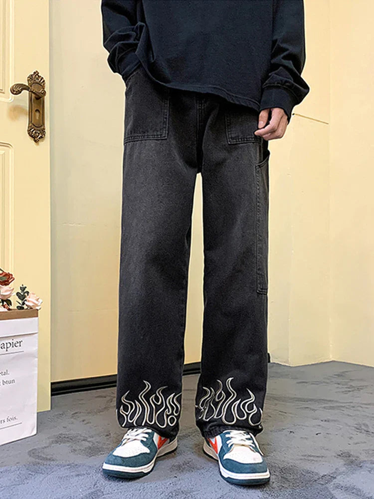 Flame Print Baggy Wide Leg Jeans