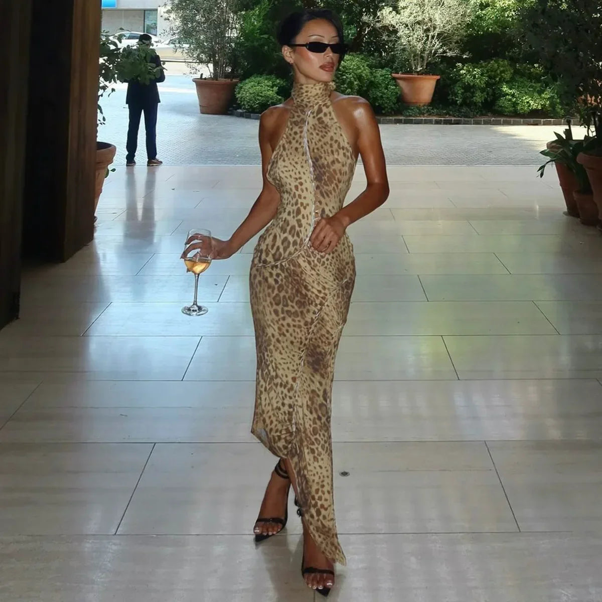 Sultry Leopard Backless Maxi Dress