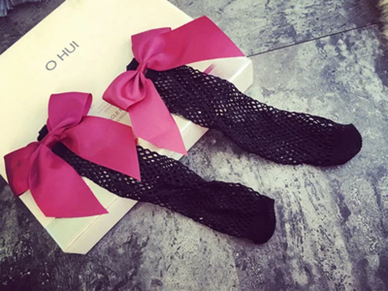 Ladies Fishnet Socks Heel With Bow Pearls Funny Breathable Socks