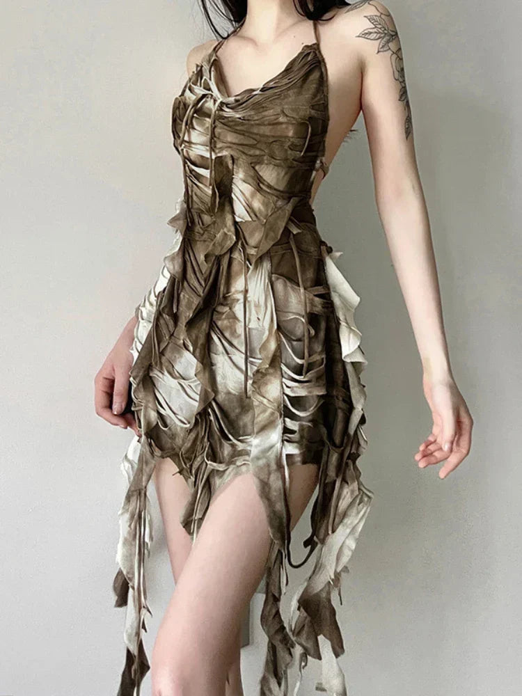 Rusty Grunge Patchwork Tassel Backless Dress