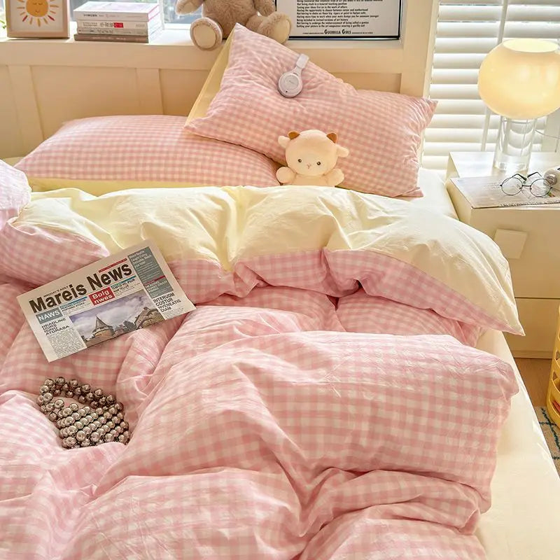 Vintage Cozy Pink Plaid Bedding Set