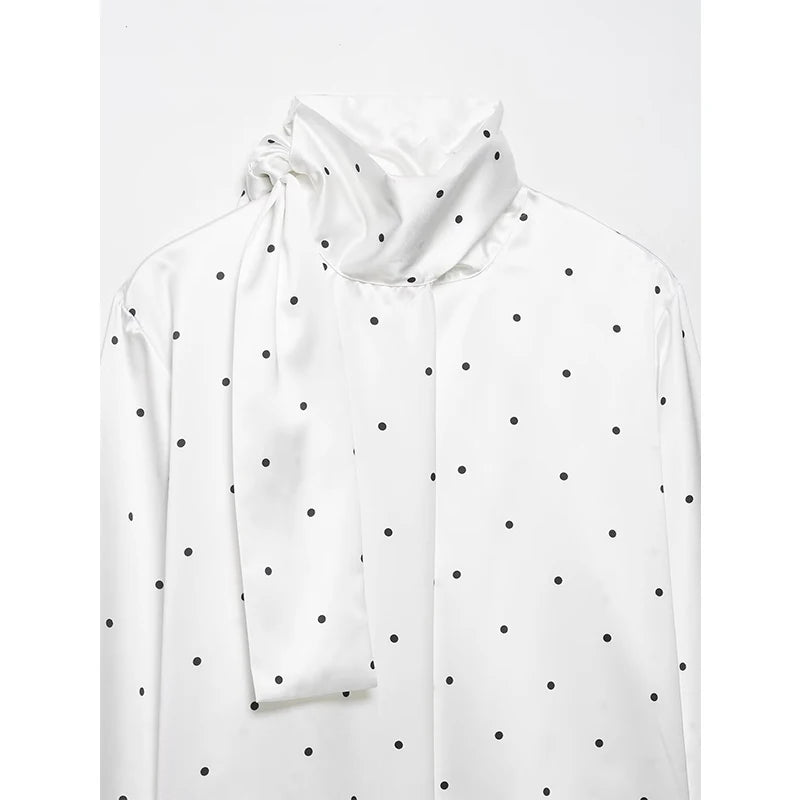 Scarf Style Collar Polka Dot Satin Blouse