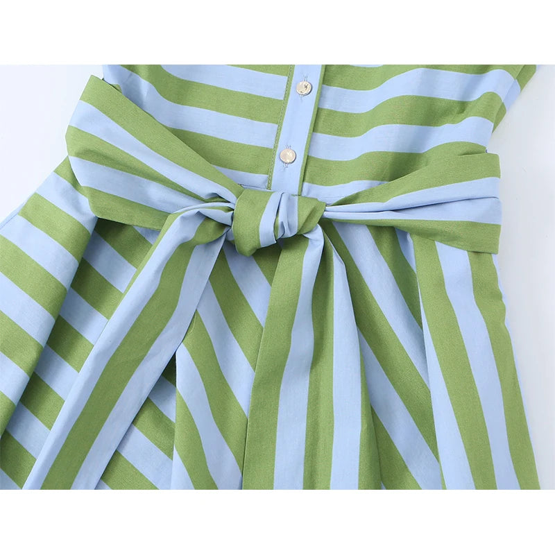 Casual Green Sleeveless Striped With Belted Midi Dress