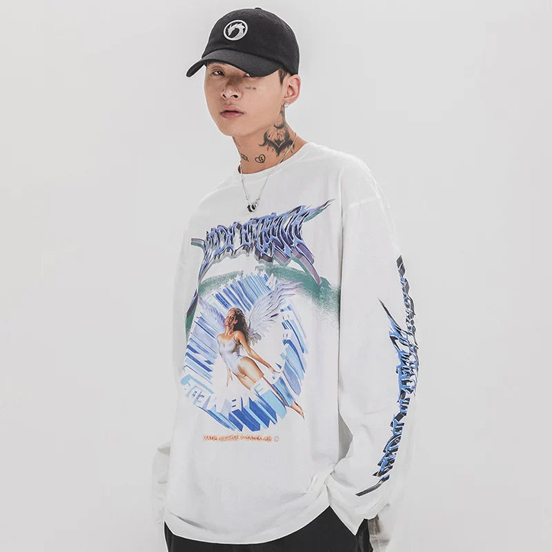 Retro Angel Print Loose Hip Sweatshirt
