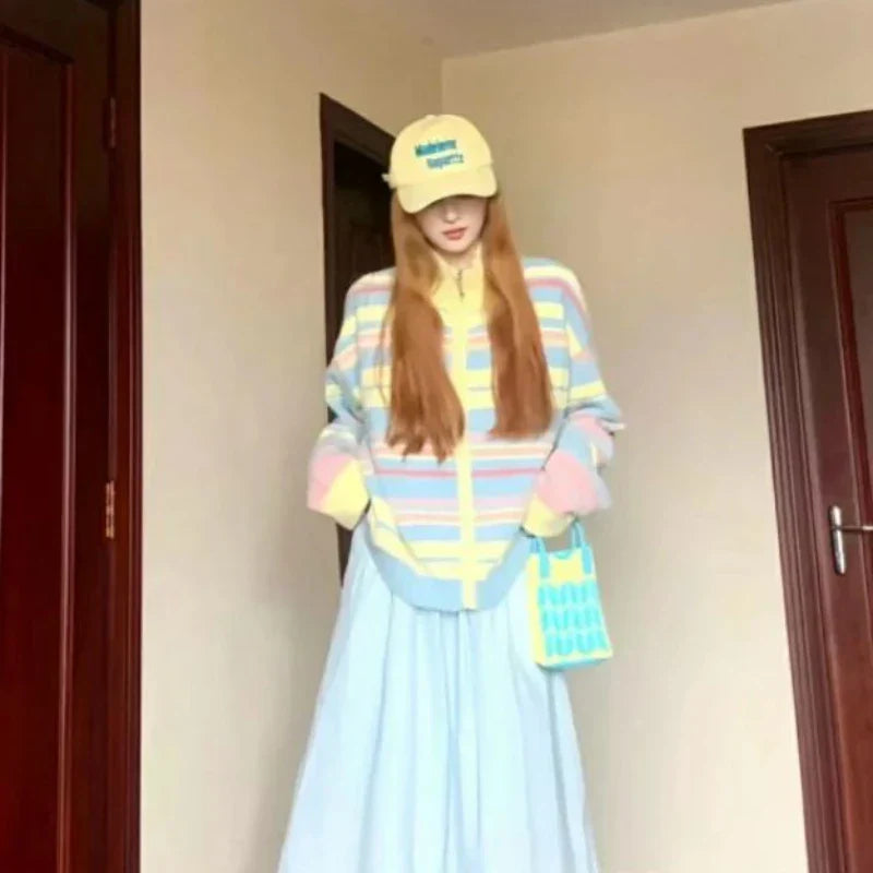 Suéter de cremallera a rayas estilo "Soft Girl"