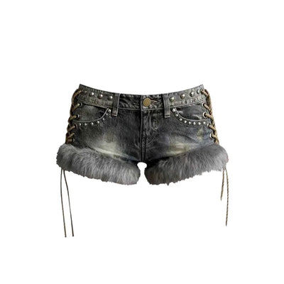 Y2K Faux Fur Studded Shorts
