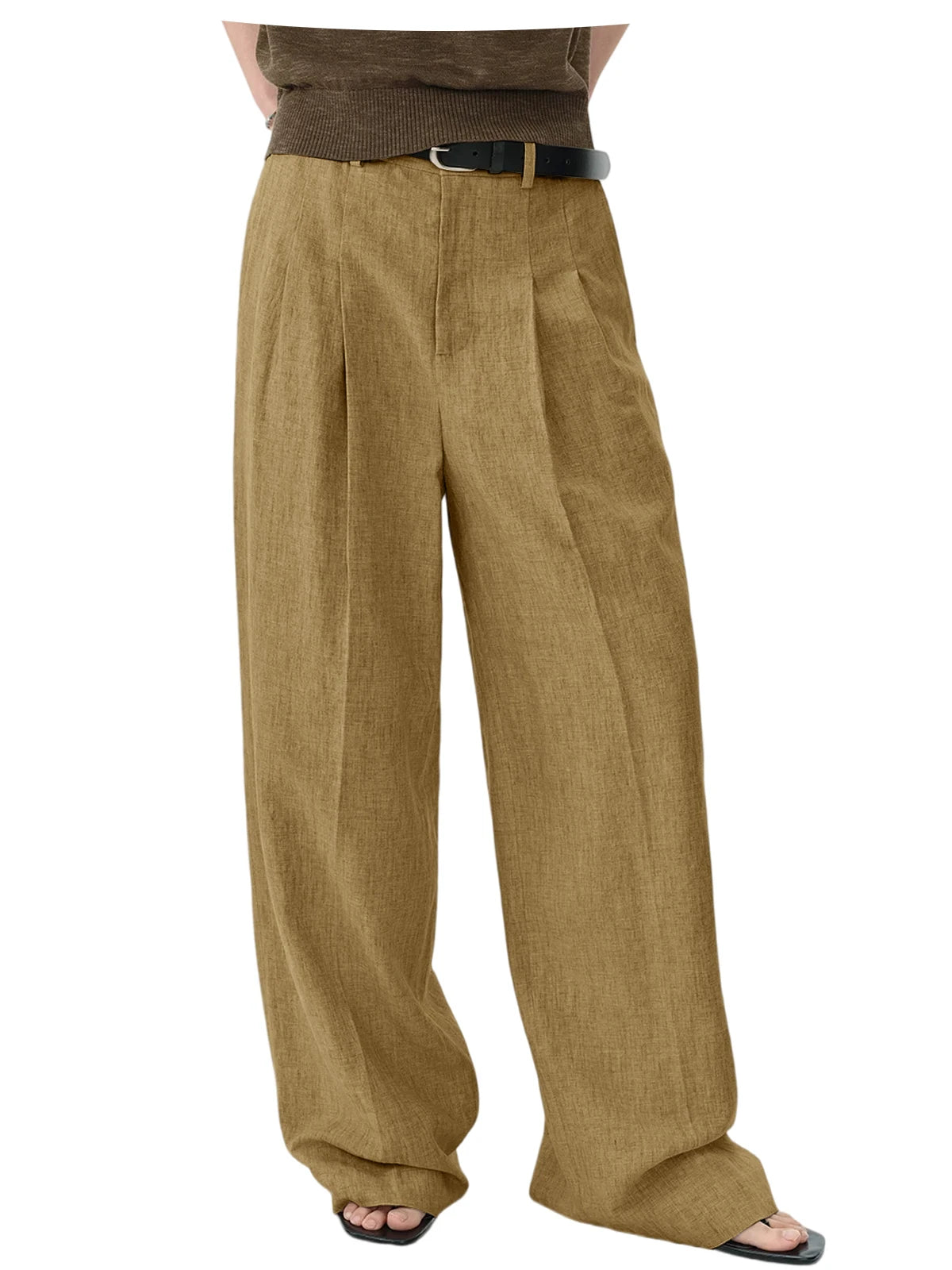 High Waist Pleated Linen Wide Leg Pants