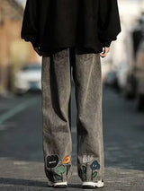 Straight Leg Flower Embroidery Jeans