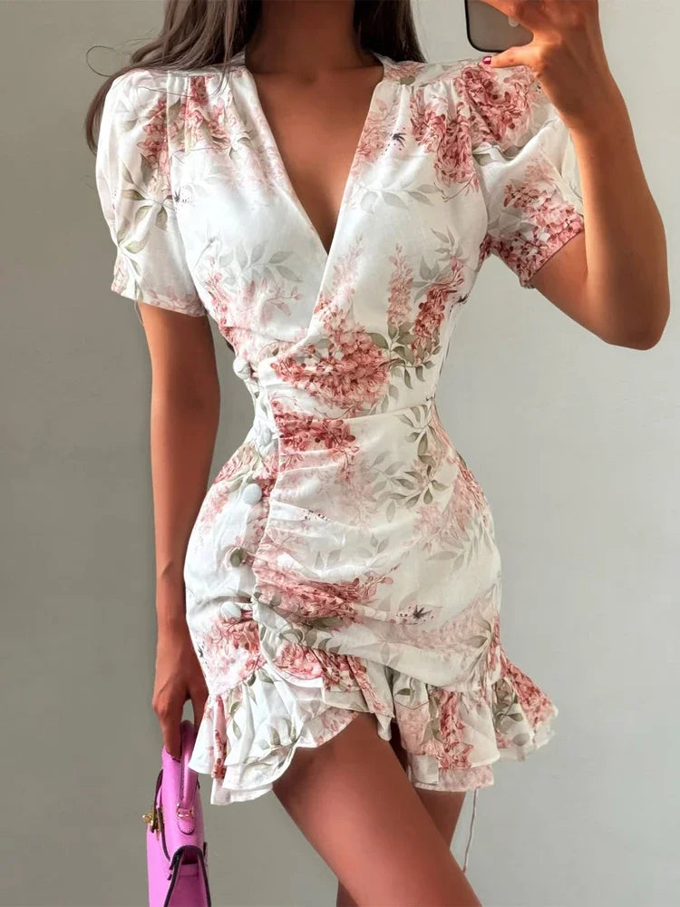 Floral V-neck Ruffles Mini Dress