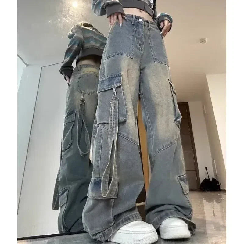 High Waist Denim Cargo Jeans
