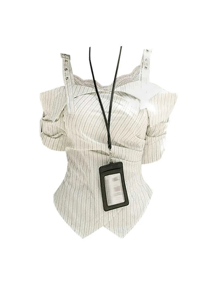 Women Striped Short Sleeve White Blouse