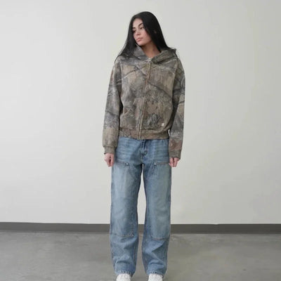 Kapuzenpullover mit Vintage-Tarnmuster und Reißverschluss
