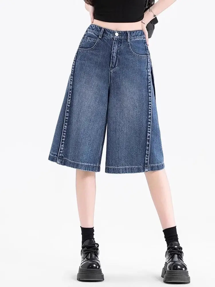 Acubi Stitched High Waist Denim Jorts