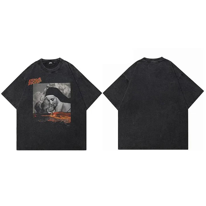 Camiseta negra lavada con gráfico retro vintage