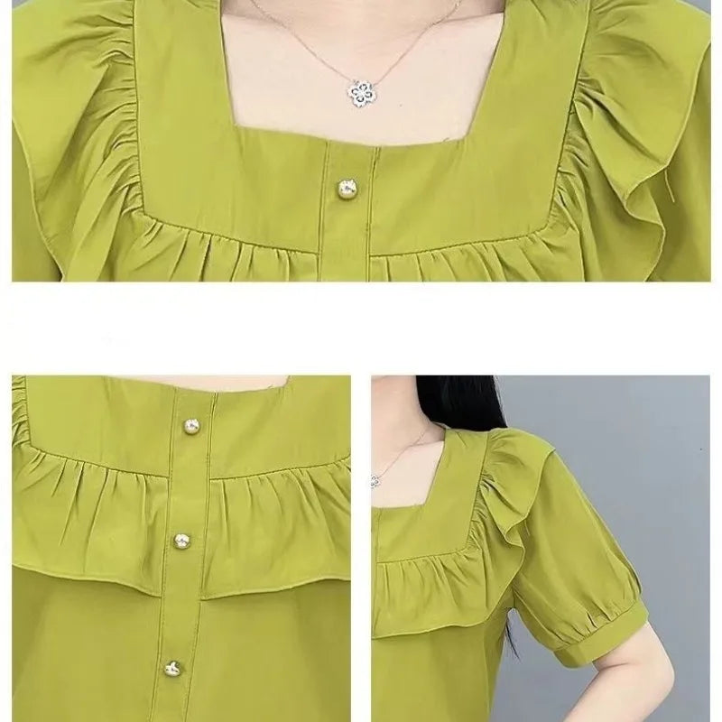 Chiffon Patchwork Ruffles Button Neck Shirt