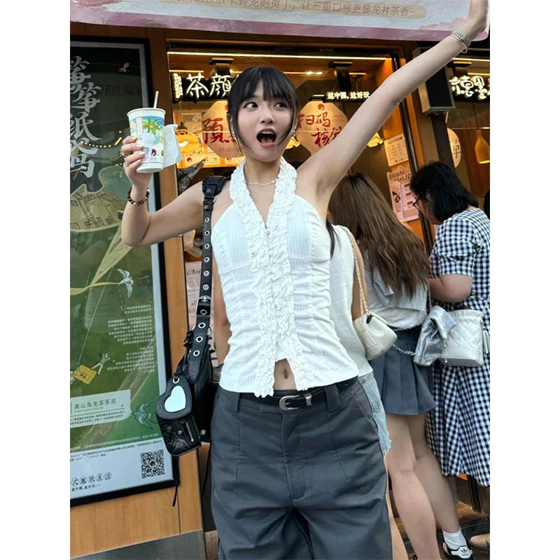 White Summer Halter Ruffles Blouse Shirt