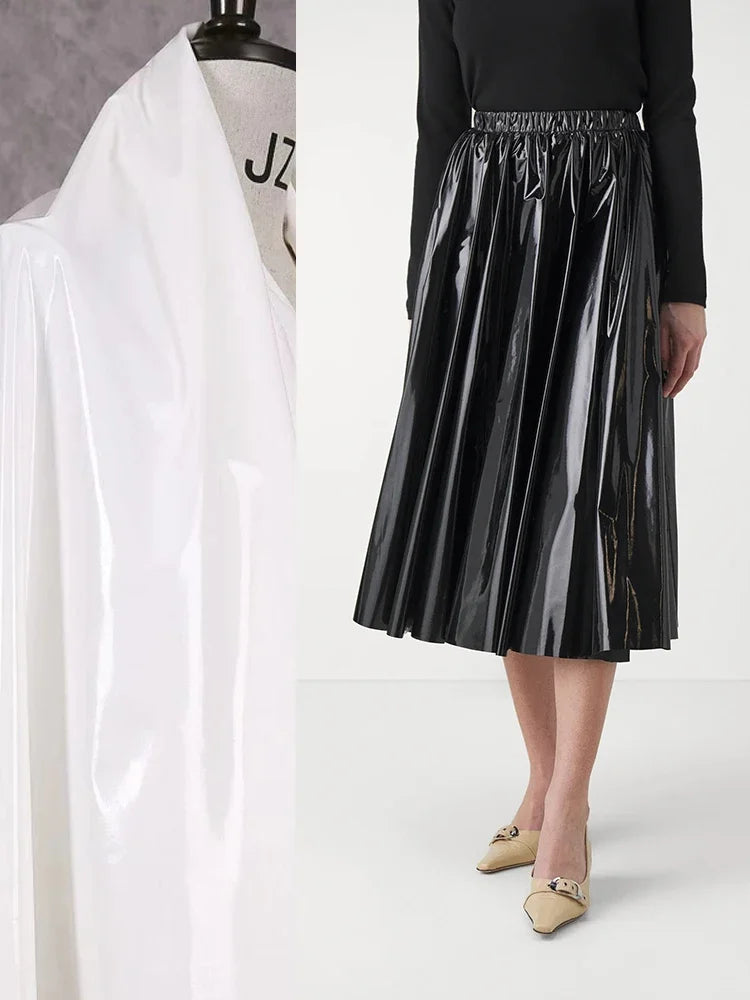 Glossy Leather Pleated Midi Skirt