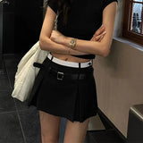 Korean Patchwork Pleated Mini Skirt