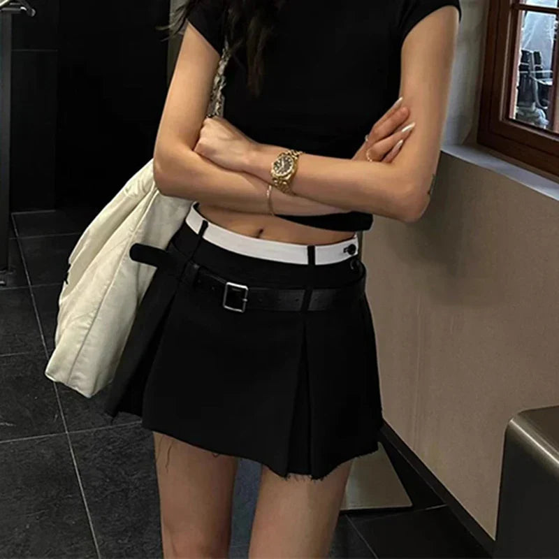Korean Patchwork Pleated Mini Skirt