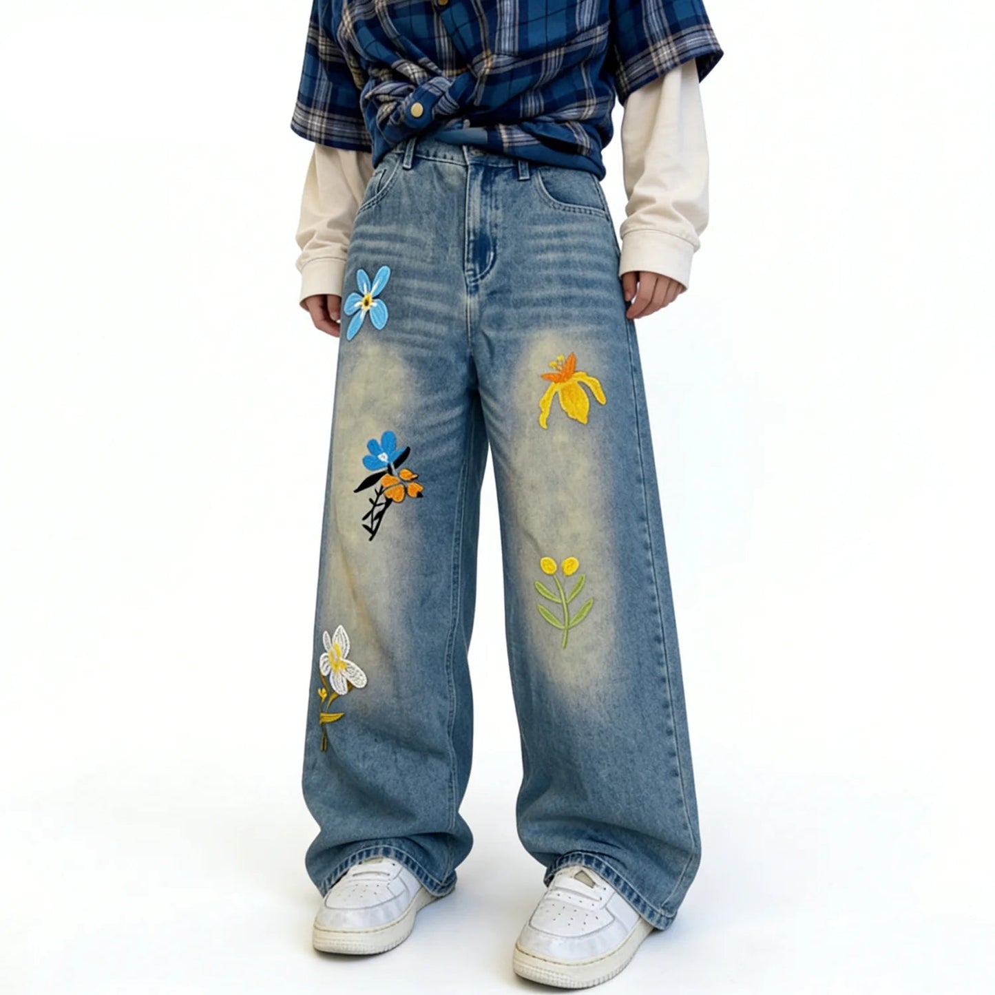 Embroidery Flower Straight Leg Jeans