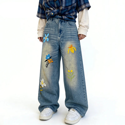 Embroidery Flower Straight Leg Jeans