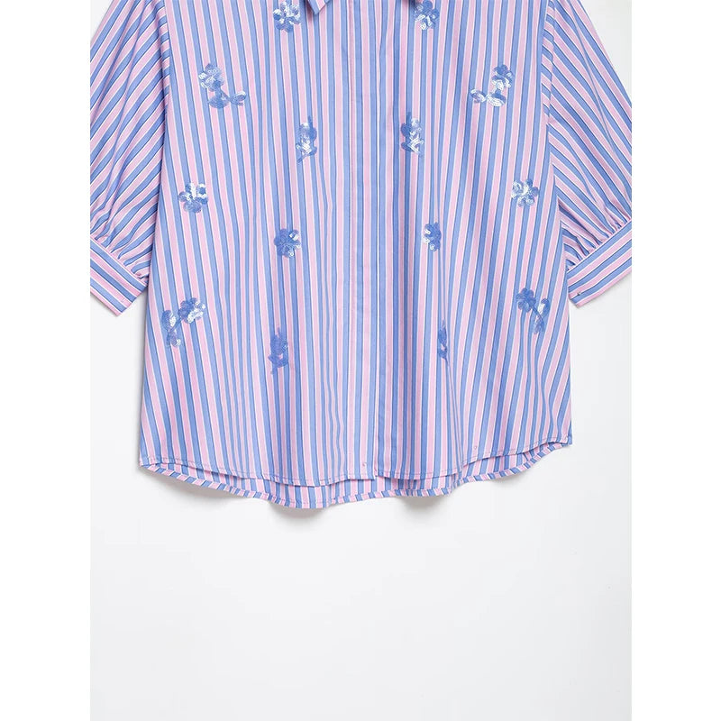 Sequined Striped Crop Women Blue Shirt