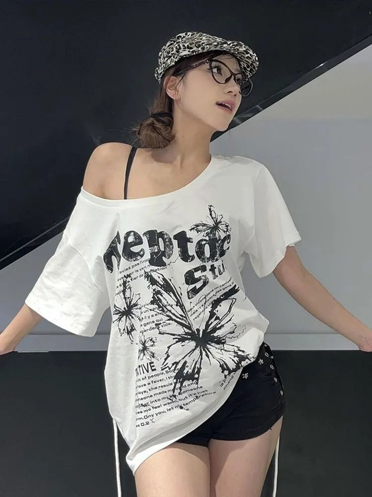 Vintage Y2k Oversized White Butterfly Print T-Shirt