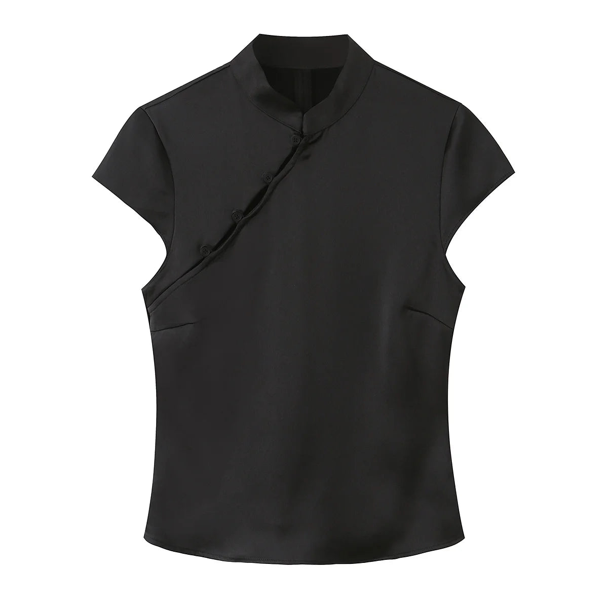 Black Mandarin Collar Side Button Satin Blouse