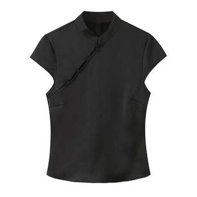 Black Mandarin Collar Side Button Satin Blouse
