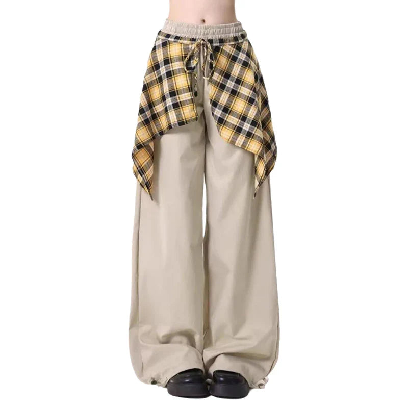 Patchwork Plaid Skirt High Waisted Pants