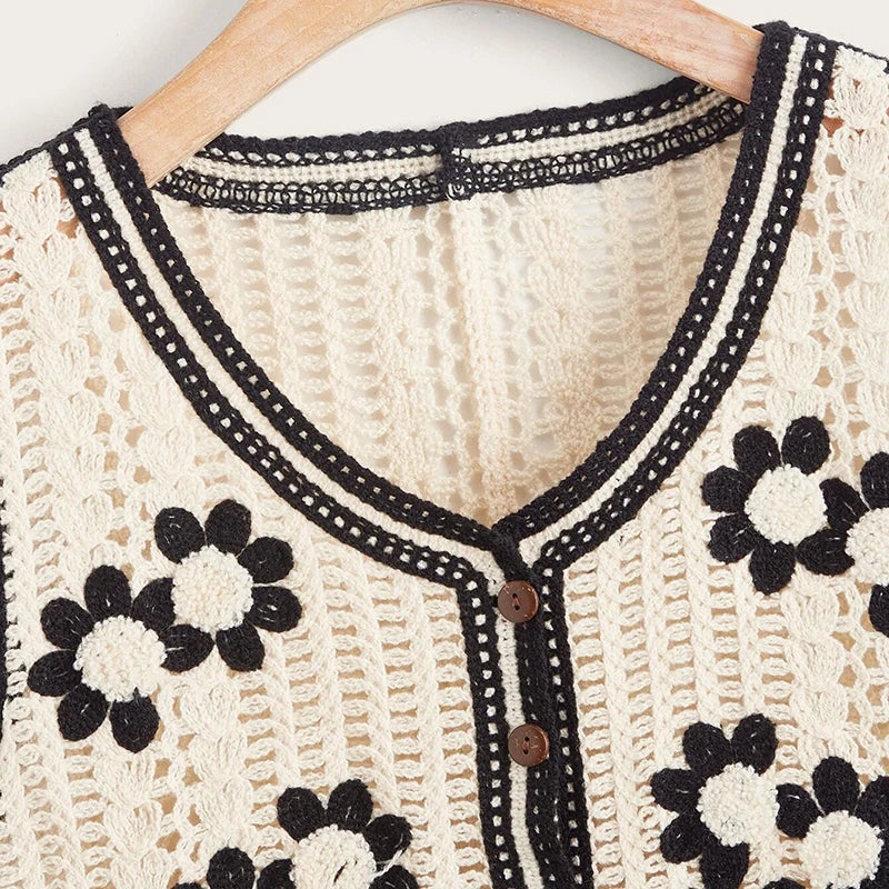 Sheer Floral Crochet Sleeveless Waistcoat T-Shirt