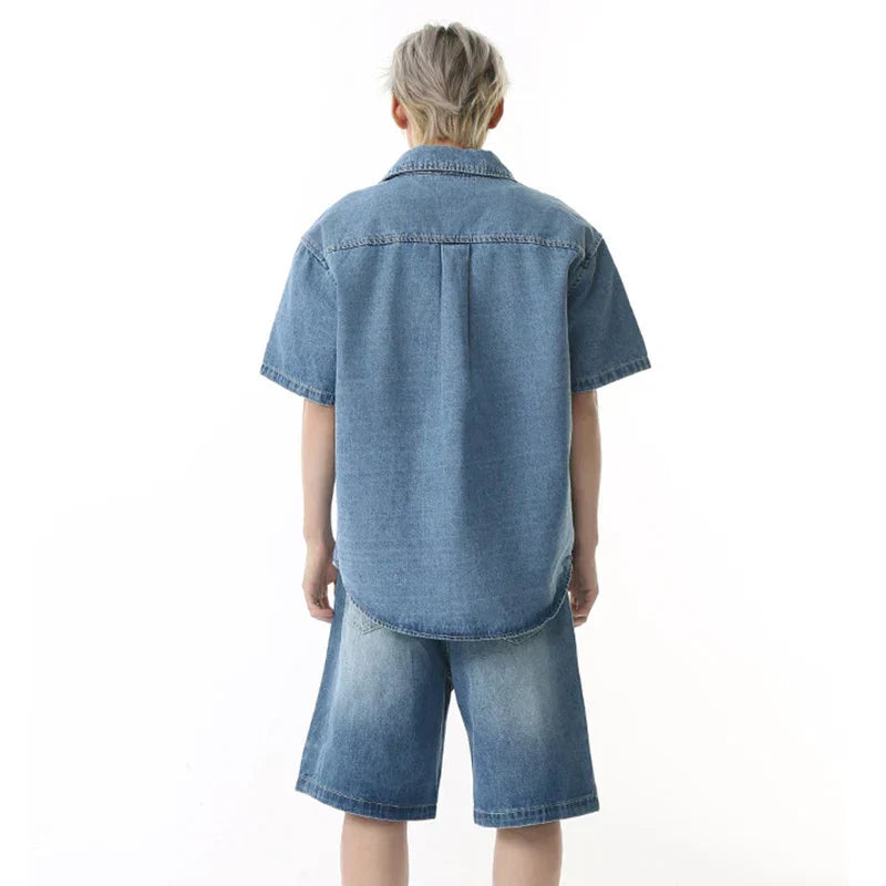 American Style Lapel Denim Short and Shirt