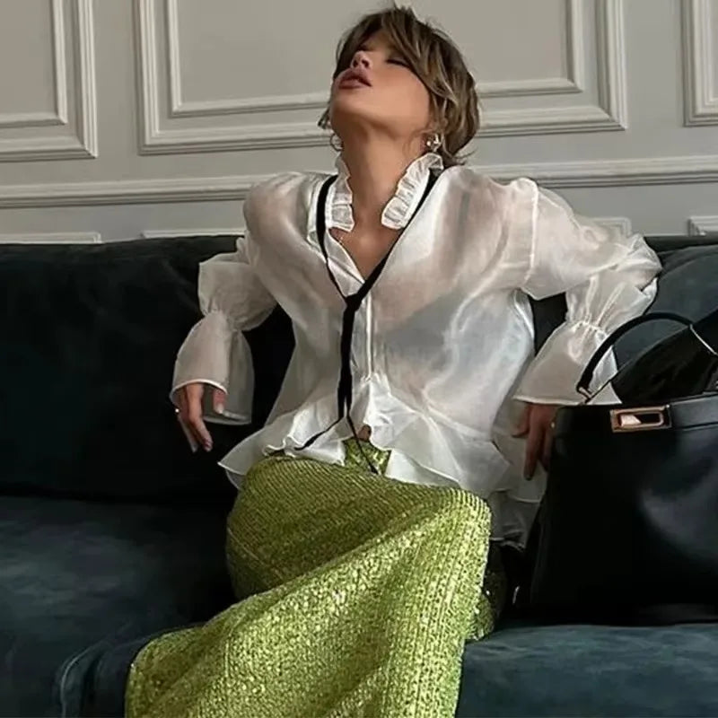 Transparent Ruffle Long Sleeve Coquette Blouses
