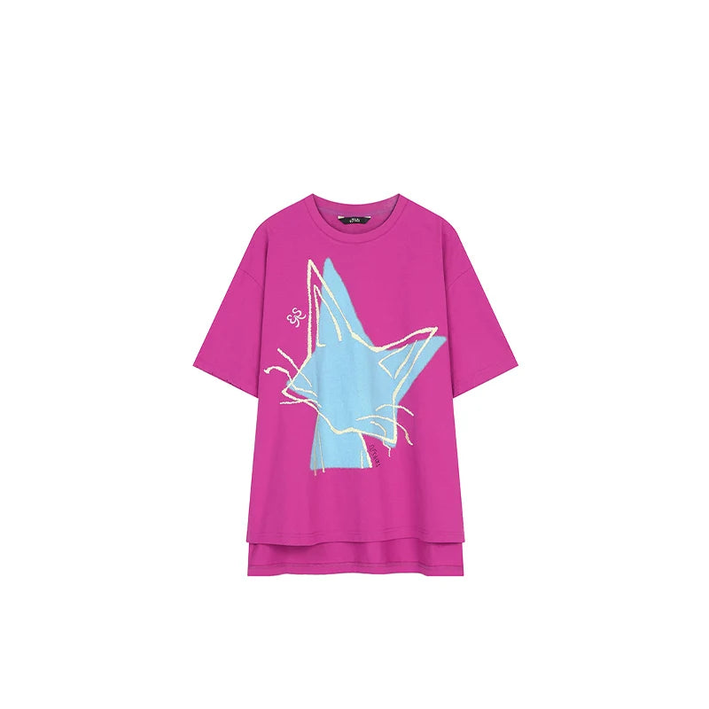 A bright pink short-sleeve t-shirt with a large light blue star graphic outlined in white on the front, displayed against a solid white background.