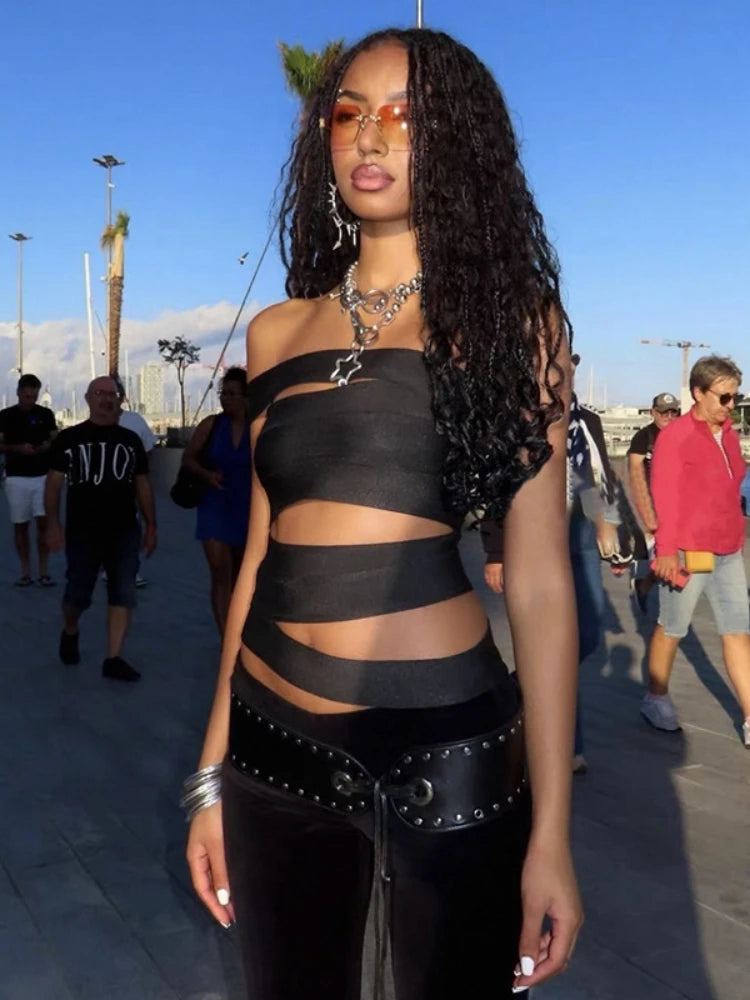 Y2k Hollow Out Edgy Black Crop Top