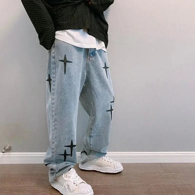 Y2K Straight Leg Cross Print Jeans