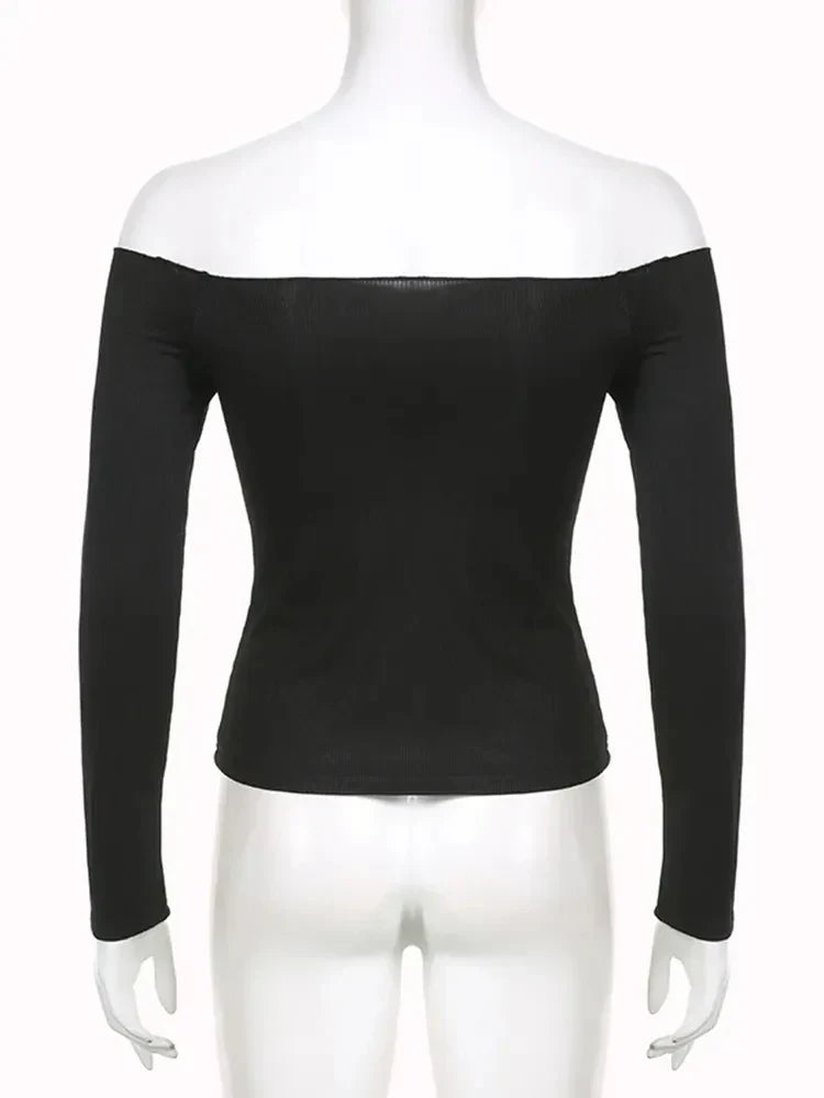 Elegantes koreanisches schwarzes Langarm-T-Shirt
