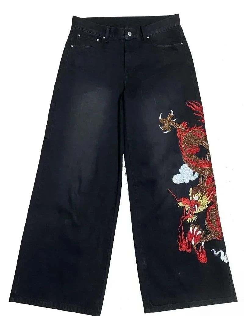 Red Dragon Embroidery Wide Leg Jeans