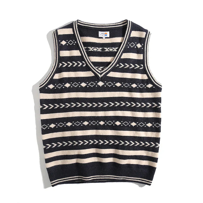 Suéter sin mangas vintage de punto jacquard con cuello en V