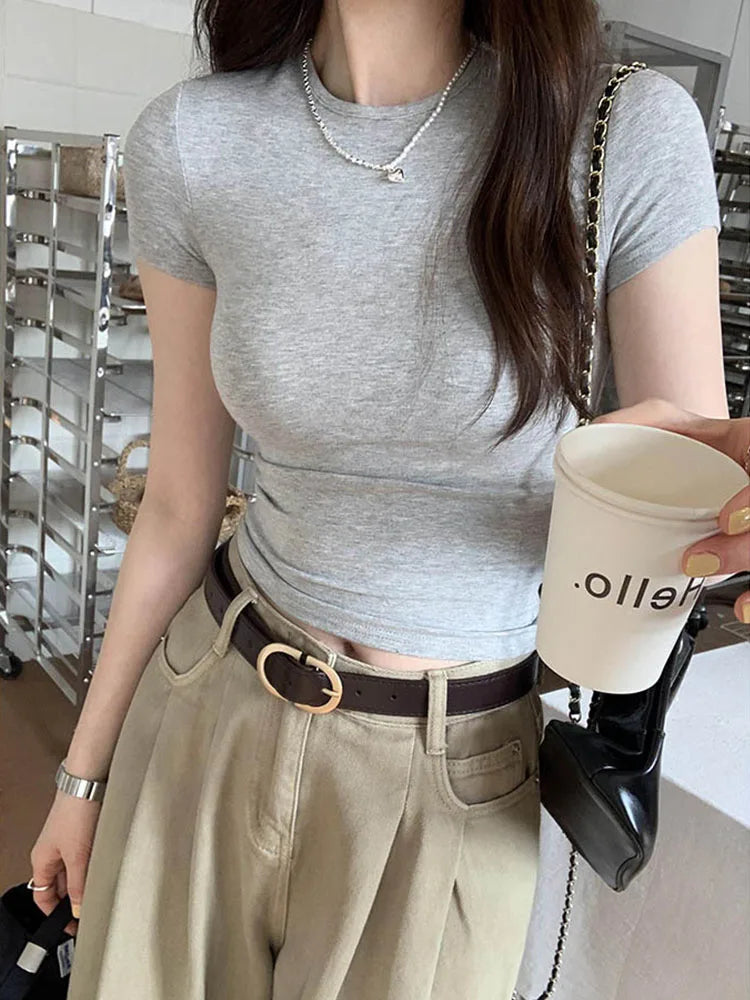 Soft Girl Crewneck Short Sleeve Basic Crop Top
