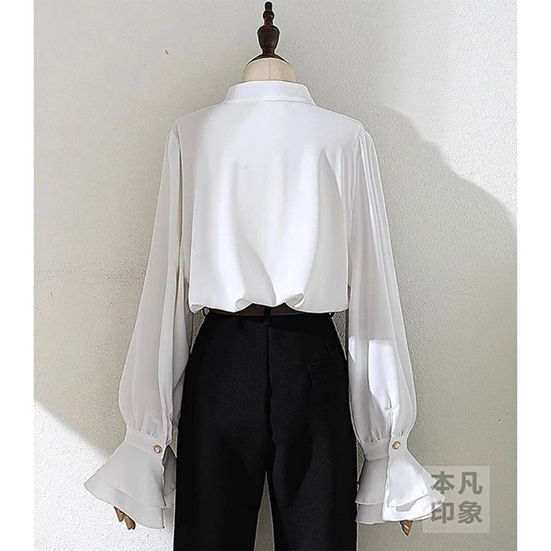 Elegant White Ruffles Flare Sleeve Blouse