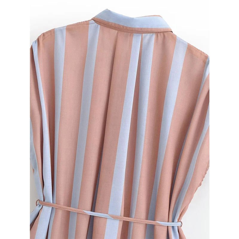 Sleeveless Lapel Collar Striped Shirt