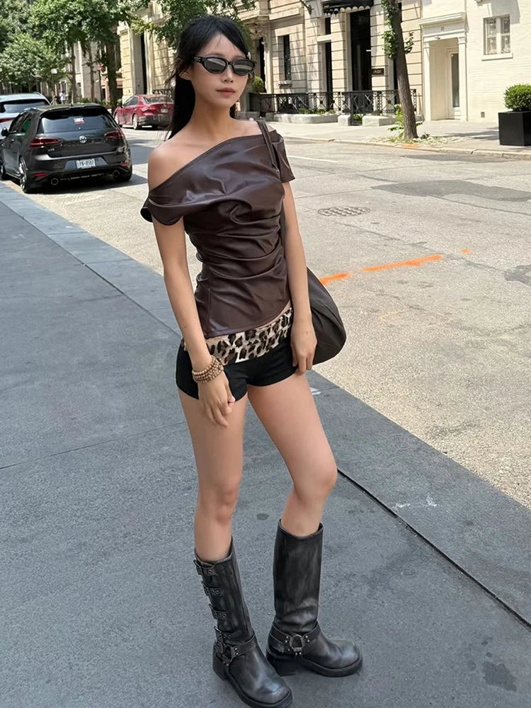 Y2K Faux Leather Brown Top