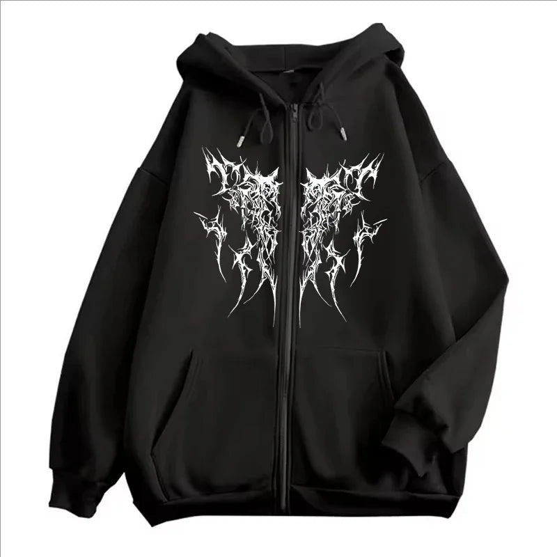 Vintage Fleece Gothic Black Zip Up Hoodie