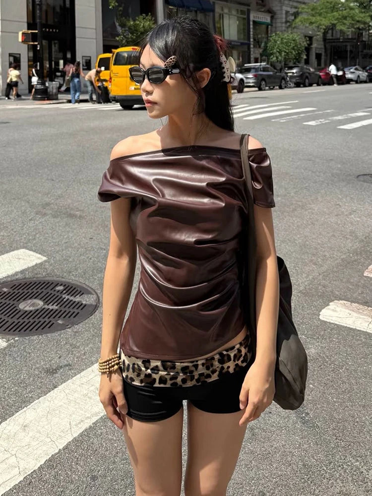 Y2K Faux Leather Brown Top