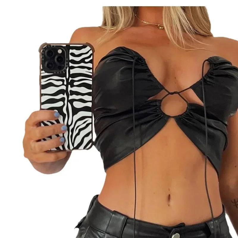 Baddie Faux Leather Lace Up Black Crop Top